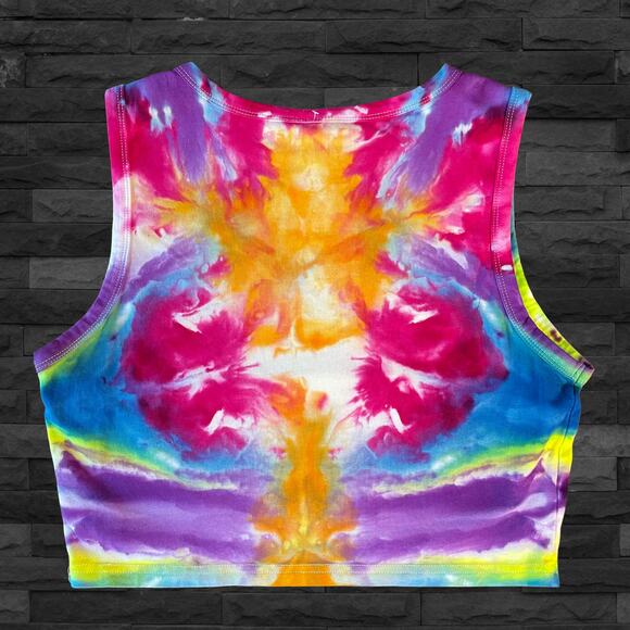 Women's Tie Dyed Tank Crop - Ice Dye Mandala Top Handmade - Rainbow (2XLarge) - Picture 2 of 10